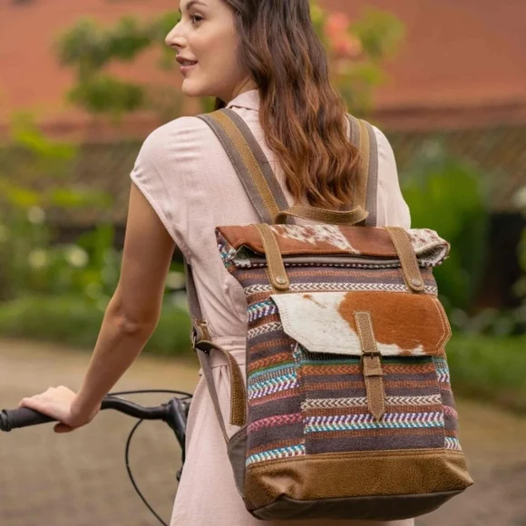 New Myra Bag Cowhide Leather & Canvas Rug Backpack Bag - Picture 1 of 6